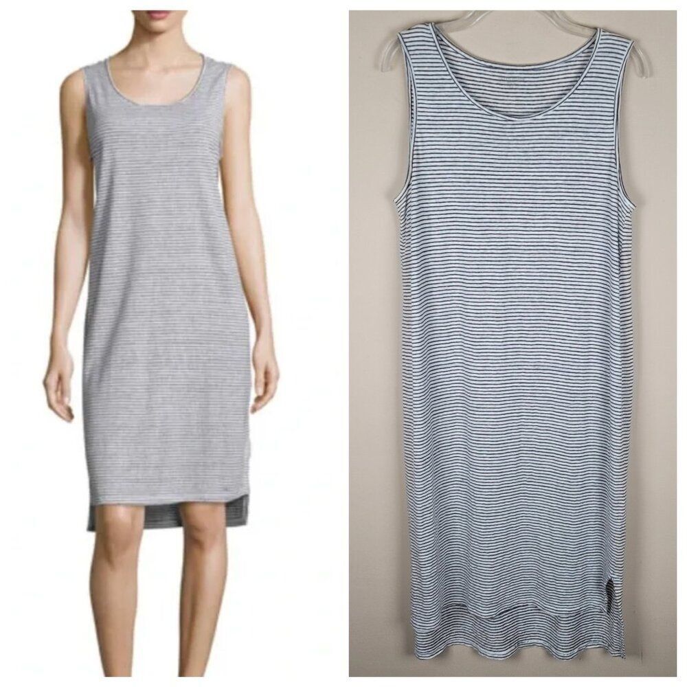 Eileen Fisher Sleeveless Linen Tank Dress Knee Lenght Striped White Black Size L